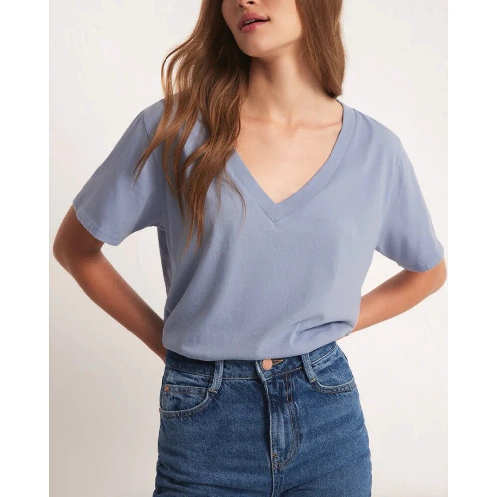 Z SUPPLY Girlfriend Small V-Neck Light Blue Loose Fit 100% Cotton T-Shirt